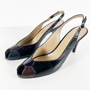 Vintage Bruno Magli Patchwork Leather Slingback Heels Peep Toe Buckle 8.5 AA